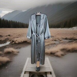 NWT JONES NEW YORK SATIN ROBE / NIGHTGOWN SET SZ S/M/L Teal VTG Peignoir Neglige